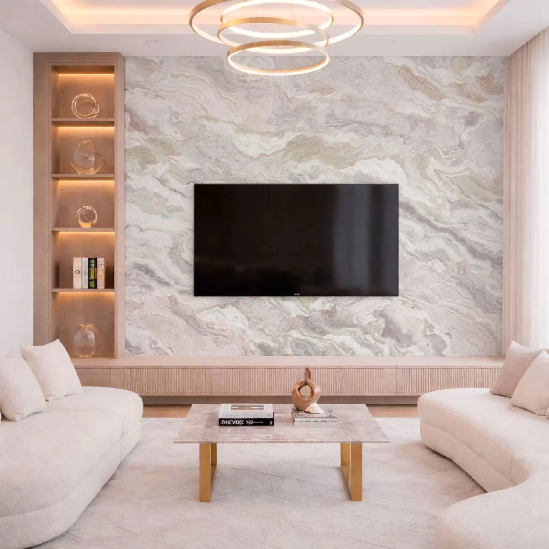 Fototapetai Šviesus oniksas su smėlio spalvos ir pilkos spalvos banguotais sluoksniais w05430