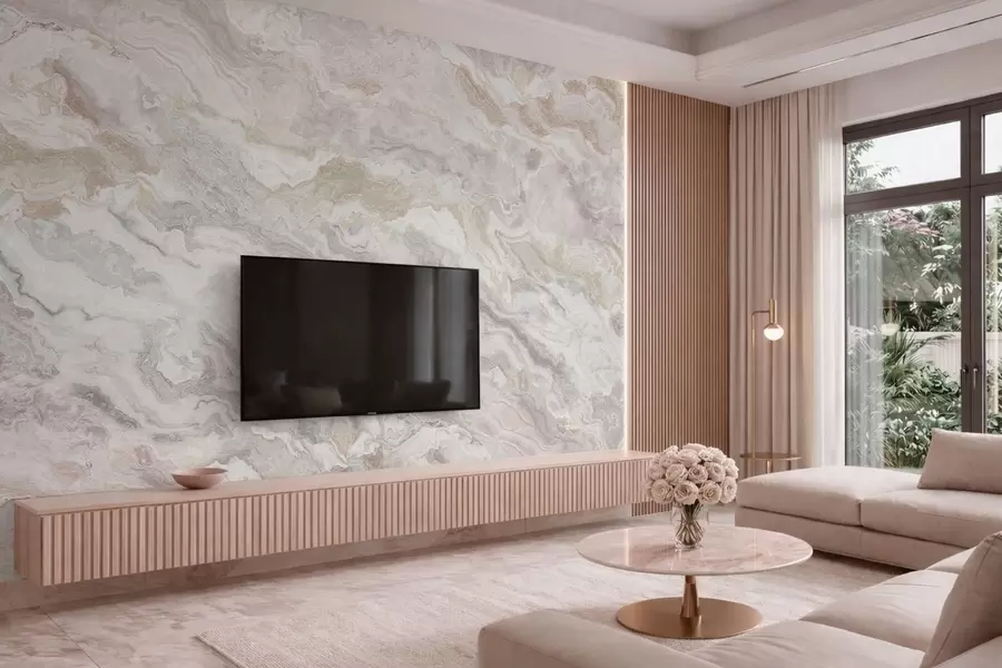 Fototapetai Šviesus oniksas su smėlio spalvos ir pilkos spalvos banguotais sluoksniais w05430