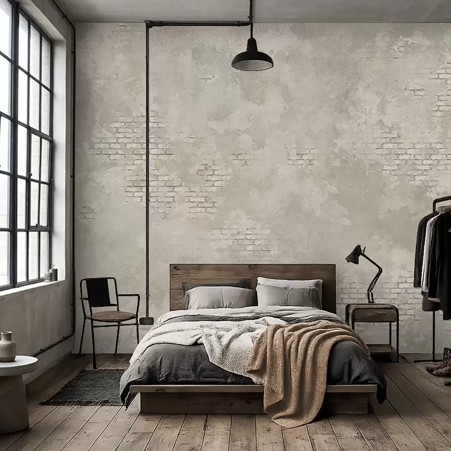 Fototapetai Šviesus „grunge“ stiliaus tinkas su atidengtais plytų plotais w05161v1