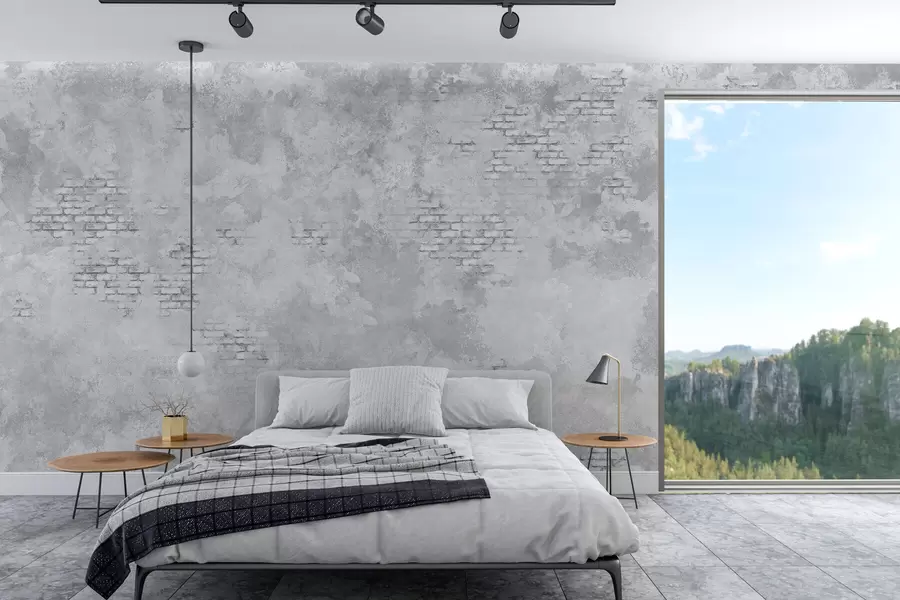 Fototapetai Grunge stiliaus pilkos spalvos tinkas su atidengtais plytų plotais w05161v2