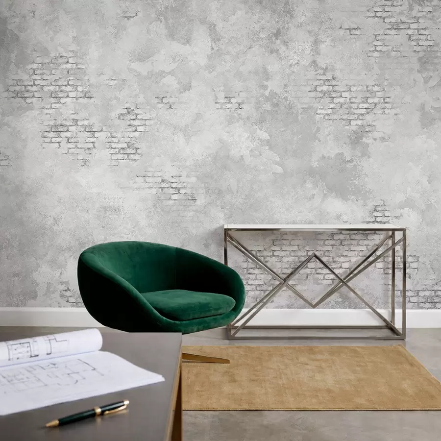 Fototapetai Grunge stiliaus pilkos spalvos tinkas su atidengtais plytų plotais w05161v2