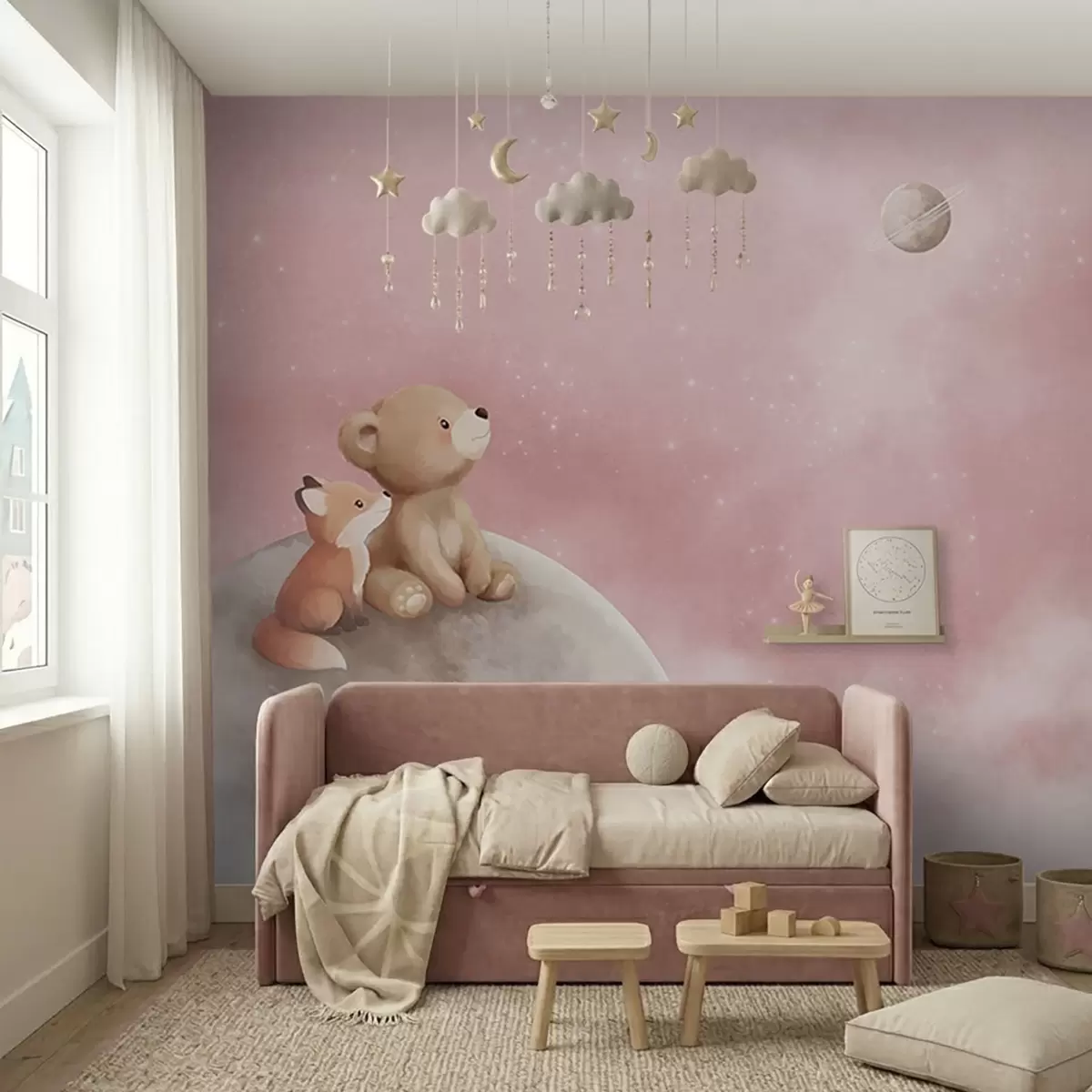 Fototapetai Mėnulio draugai rausvame fone w05431v2