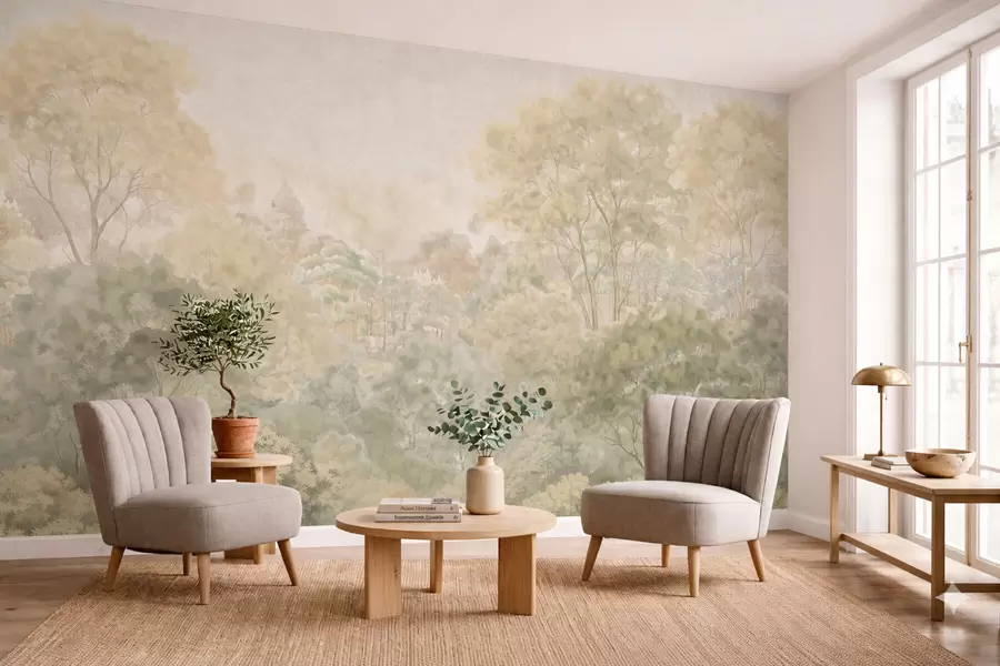 Fototapetai Retro miško peizažas prislopintų žalių atspalvių w05433