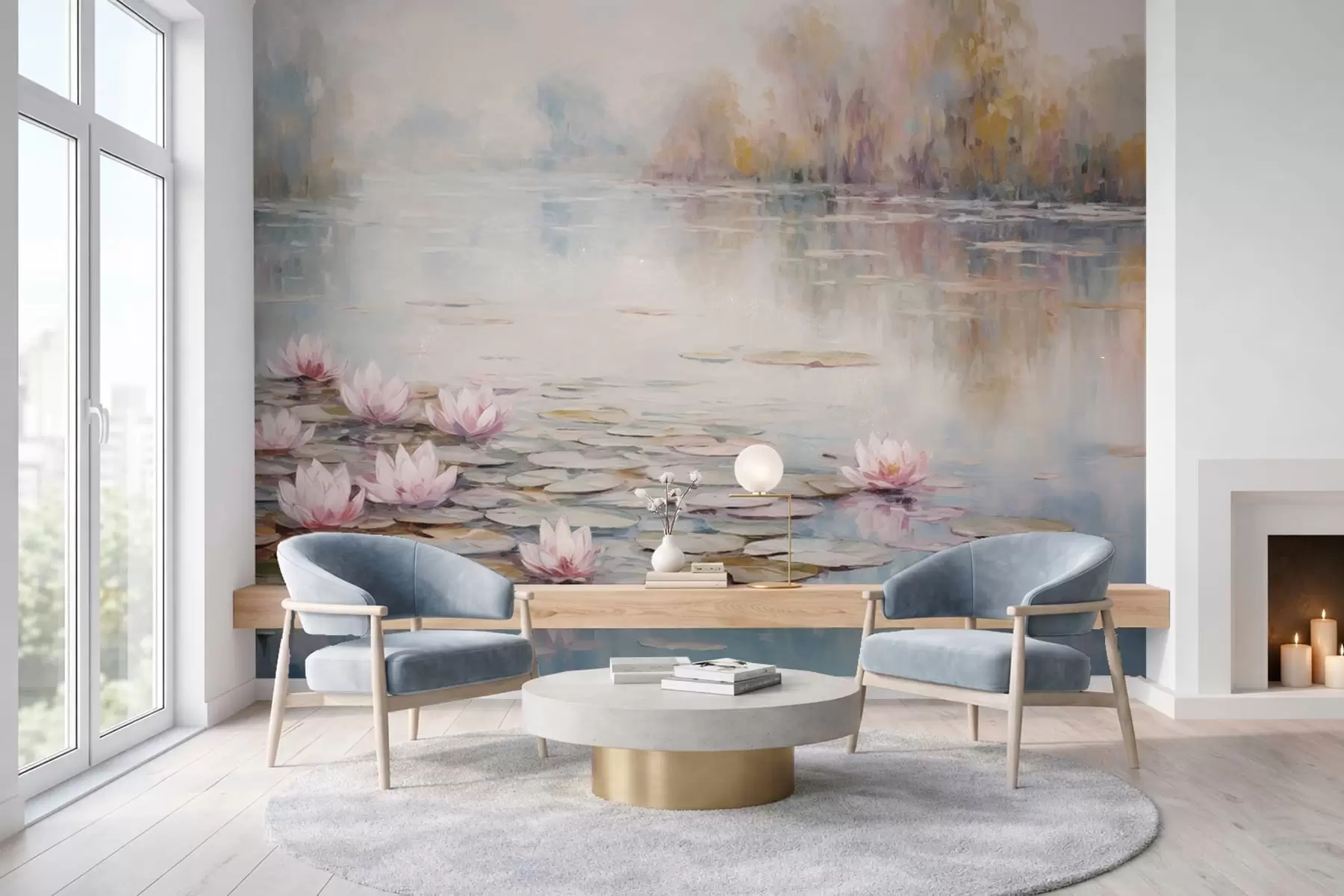 Fototapetai Impresionistinis ežeras su vandens lelijomis ir švelniu šviesos spinduliu w05515