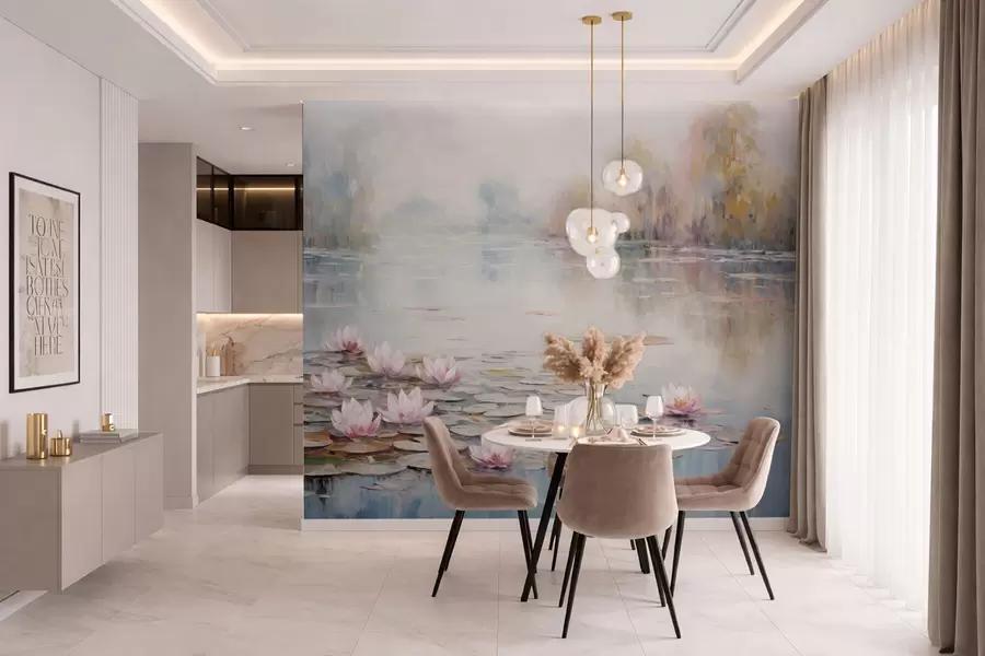 Fototapetai Impresionistinis ežeras su vandens lelijomis ir švelniu šviesos spinduliu w05515