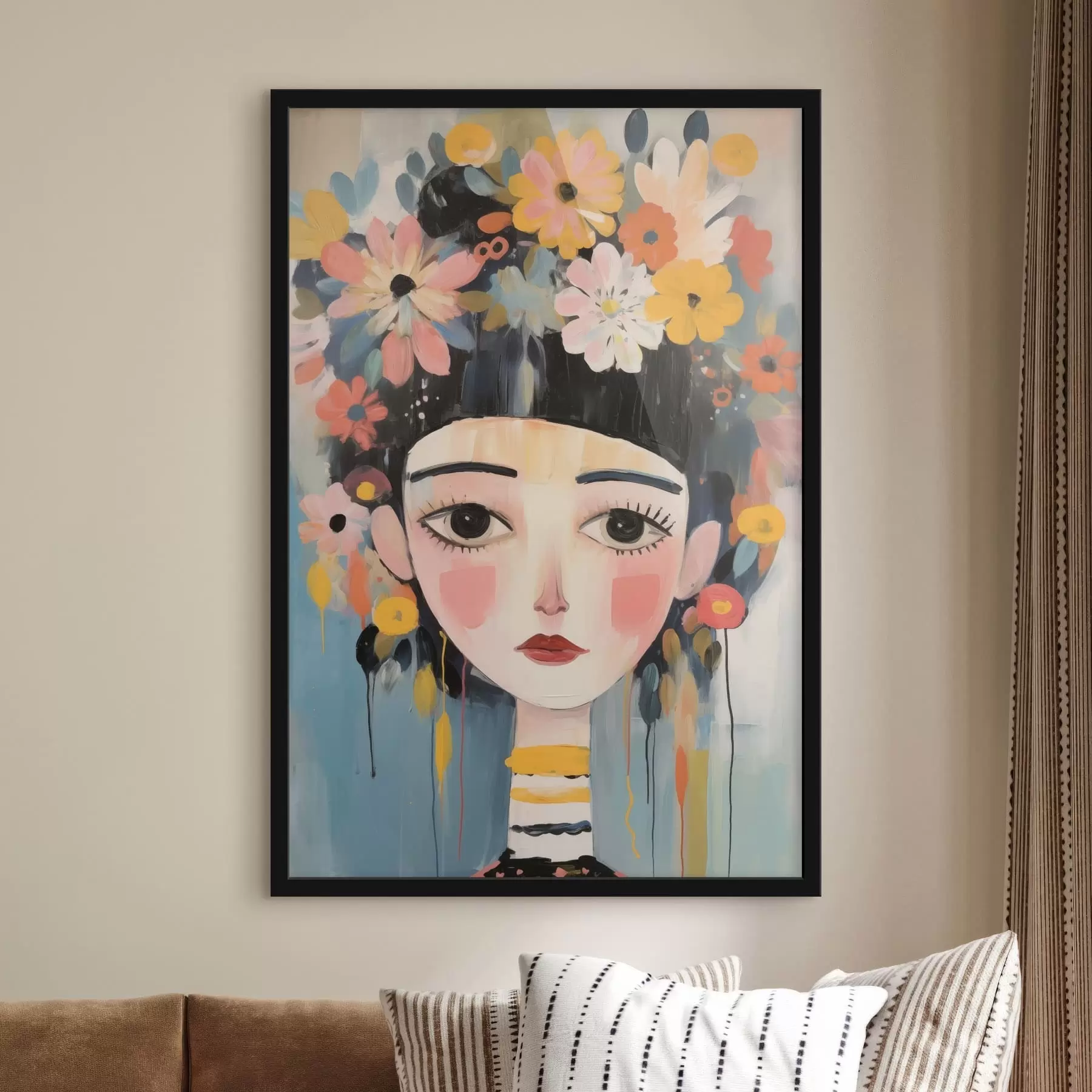 Fototapetai Moteries portretas su gėlėmis plaukuose, abstraktus stilius f48935