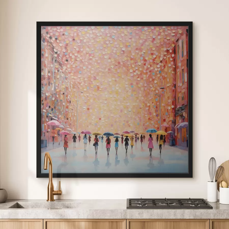 Fototapetai Impresionistinis miesto peizažas su skėčiais ir atspindžiais f48803