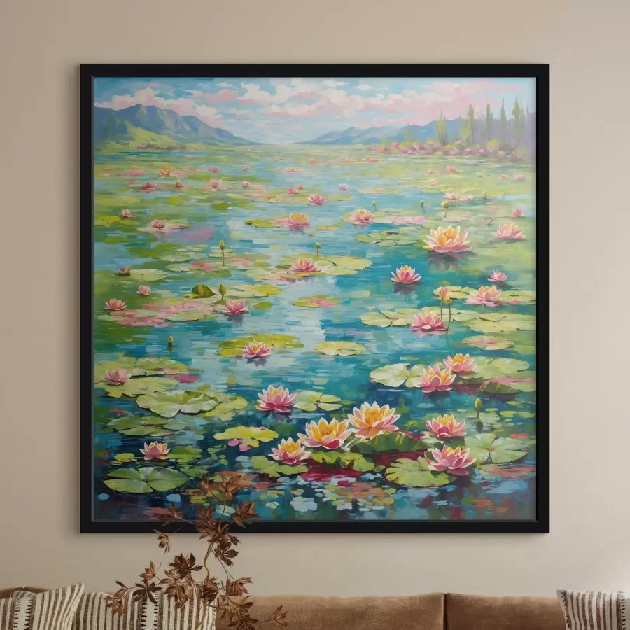 Fototapetai Impresionizmas: lelijų tvenkinys su tolumoje matomais kalnais f48820