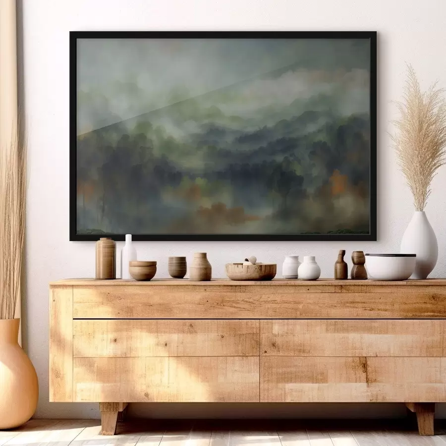 Fototapetai Atmosferiškas, rūko apgaubtas miško peizažas žalios spalvos tonais f48821