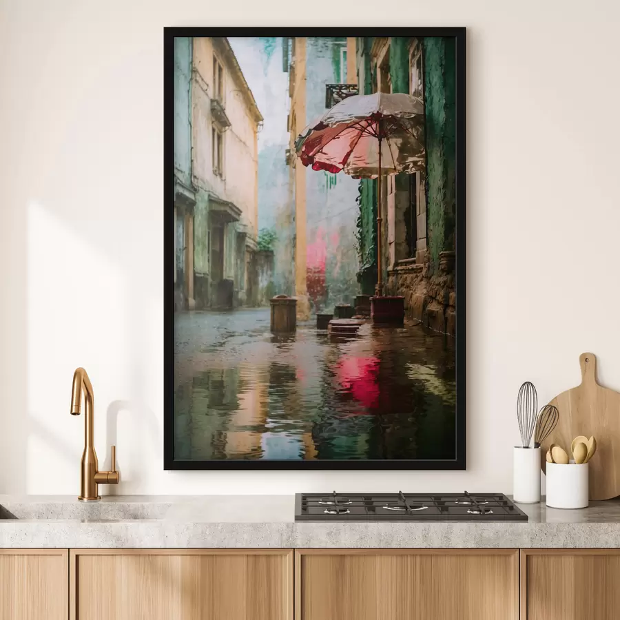 Fototapetai Realistinis vaizdas: lietinga gatvė su skėčiu ir atspindžiais f48829