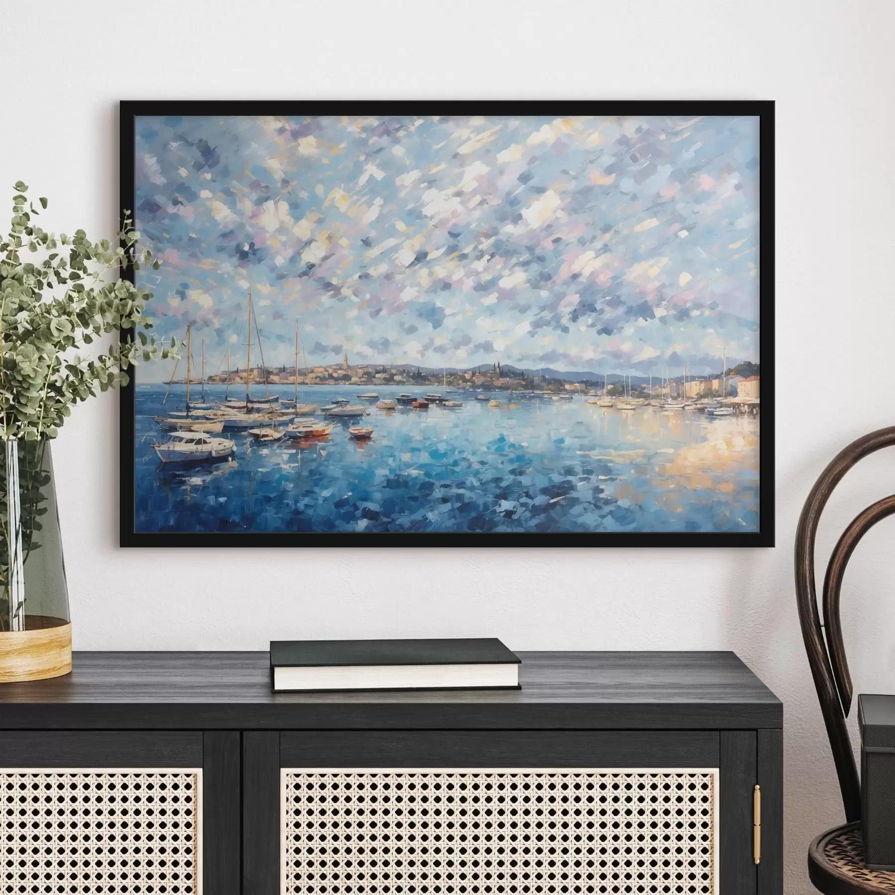 Fototapetai Impresionizmo stiliaus uostas su valtimis ir miesteliu f48831