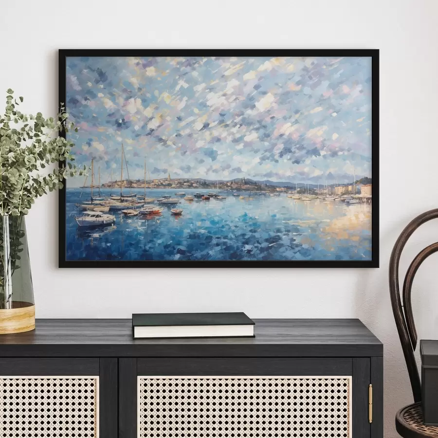 Fototapetai Impresionizmo stiliaus uostas su valtimis ir miesteliu f48831