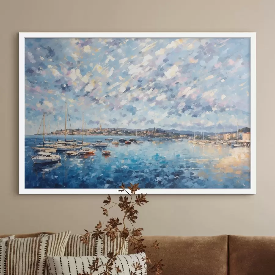 Fototapetai Impresionizmo stiliaus uostas su valtimis ir miesteliu f48831