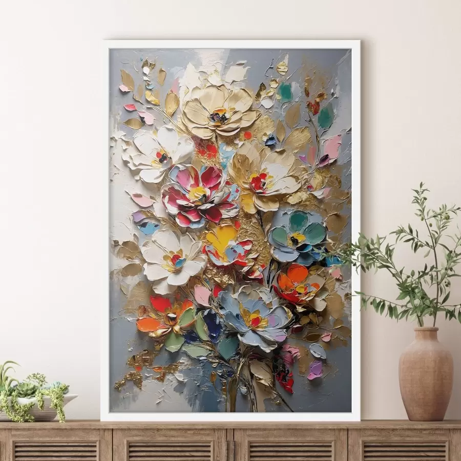 Fototapetai Gėlių kompozicija „Impasto“ stiliumi su reljefiniais žiedlapiais f48832