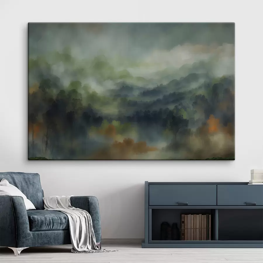 Paveikslėlis Atmosferiškas, rūko apgaubtas miško peizažas žalios spalvos tonais s48821
