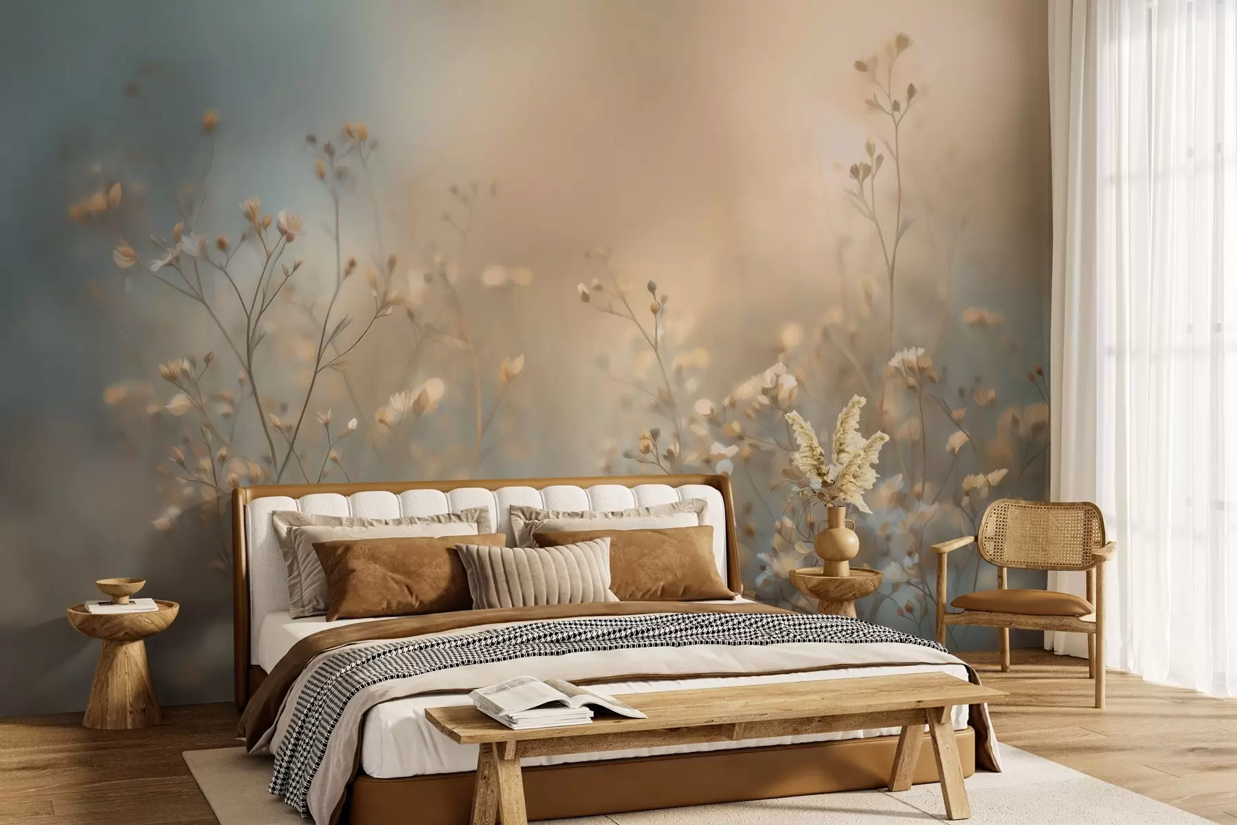 Fototapetai lauko žolės su smulkiais žiedais prieš nedidelį lauko gylį w05386