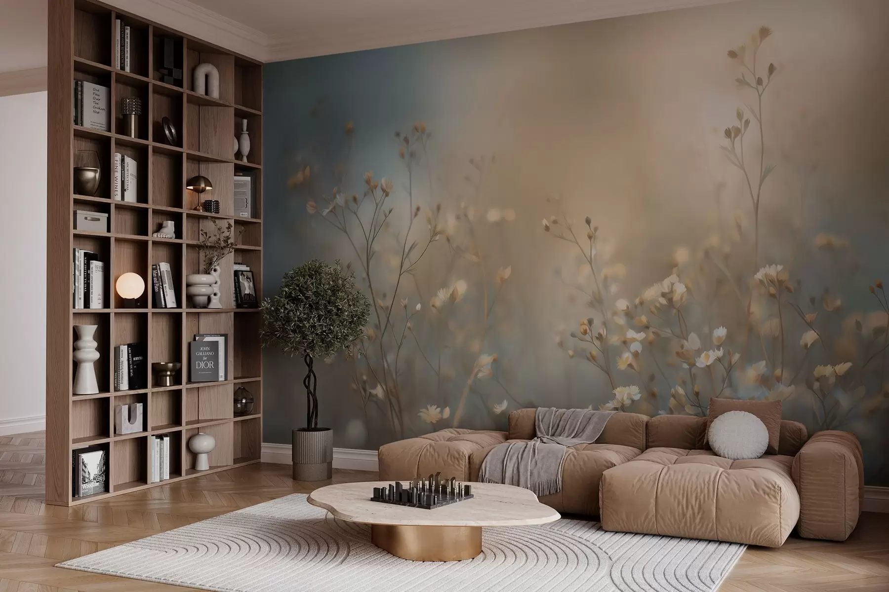 Fototapetai lauko žolės su smulkiais žiedais prieš nedidelį lauko gylį w05386