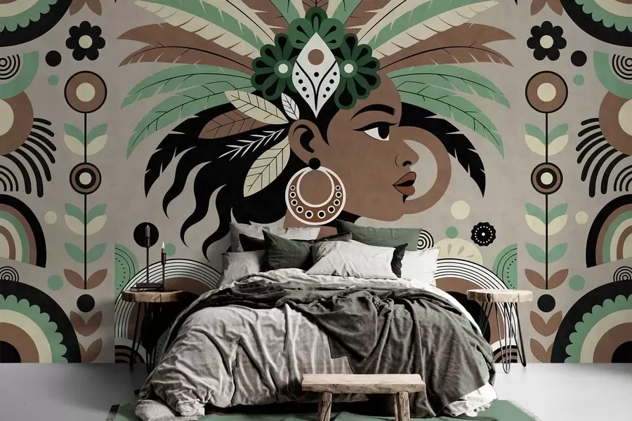 Fototapetai stilingas afrikietiško stiliaus dizainas žalios, rudos ir smėlio spalvų atspalviais w05389v1