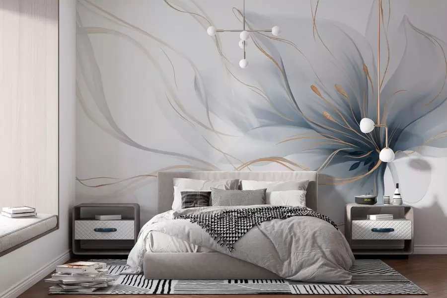 Fototapetai Abstraktaus mėlynos spalvos gėlės piešinys su banguojančiomis linijomis, sukurtas „Fluid Art“ stiliumi w05428