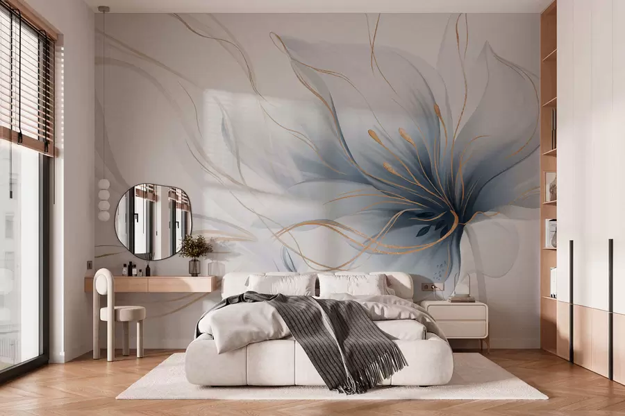 Fototapetai Abstraktaus mėlynos spalvos gėlės piešinys su banguojančiomis linijomis, sukurtas „Fluid Art“ stiliumi w05428