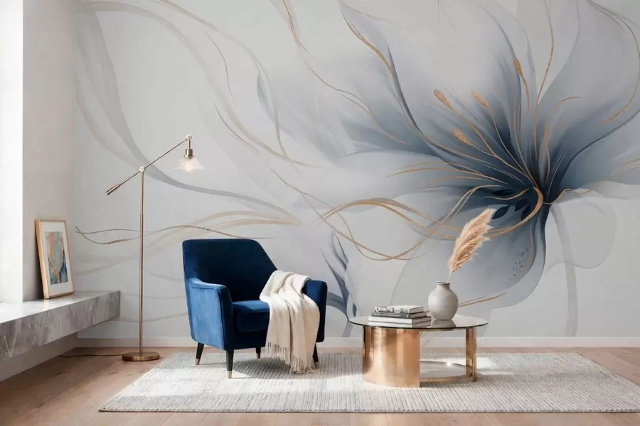 Fototapetai Abstraktaus mėlynos spalvos gėlės piešinys su banguojančiomis linijomis, sukurtas „Fluid Art“ stiliumi w05428