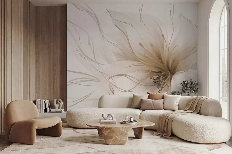 Fototapetai Abstrakti smėlio spalvos gėlė su banguojančiomis linijomis, sukurta „Fluid Art“ stiliumi w05428v2