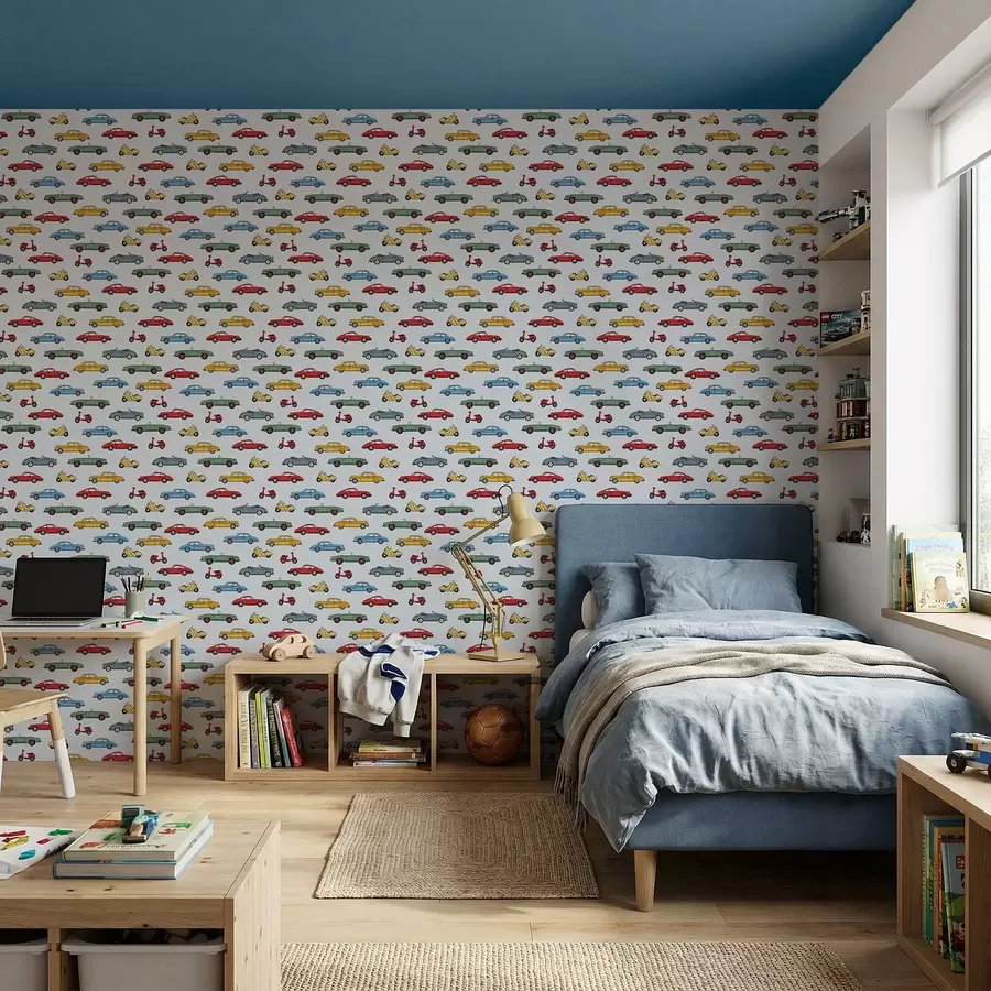 Fototapetai Retro automobiliai ir motoroleriai mėlyname fone a01172v2