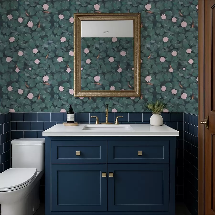 Fototapetai Vandens lelijos su žiedais ir žuvimis ant tamsaus fono a01177