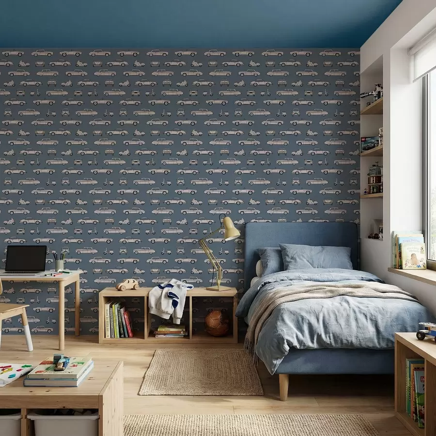 Fototapetai Retro automobiliai ir motoroleriai mėlyname fone a01178