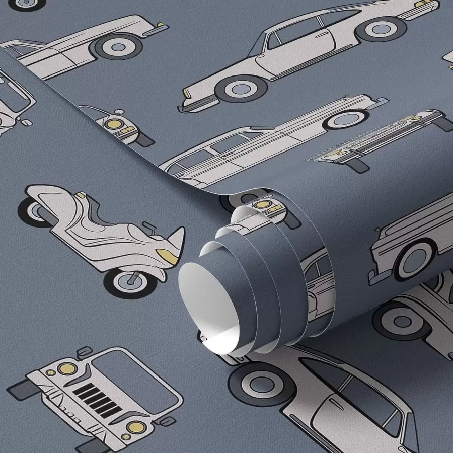 Fototapetai Retro automobiliai ir motoroleriai mėlyname fone a01178