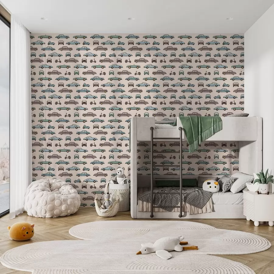 Fototapetai Retro automobiliai ir motoroleriai ant smėlio spalvos fono a01178v1