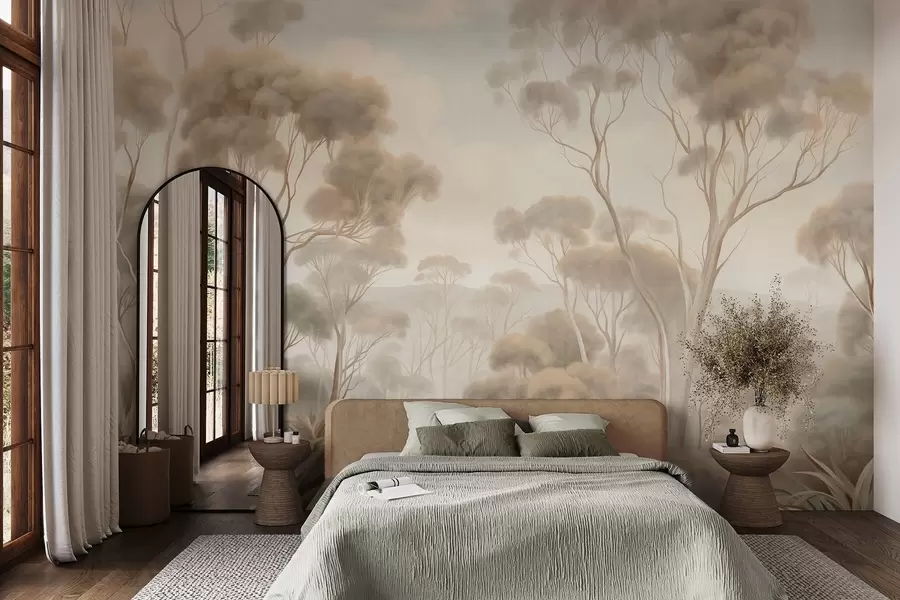 Fototapetai Rūko apgaubtas miško peizažas su aukštais eukaliptų medžiais, banguotos kalvos po debesuotu dangumi, tekstūrinis meno kūrinys w09822