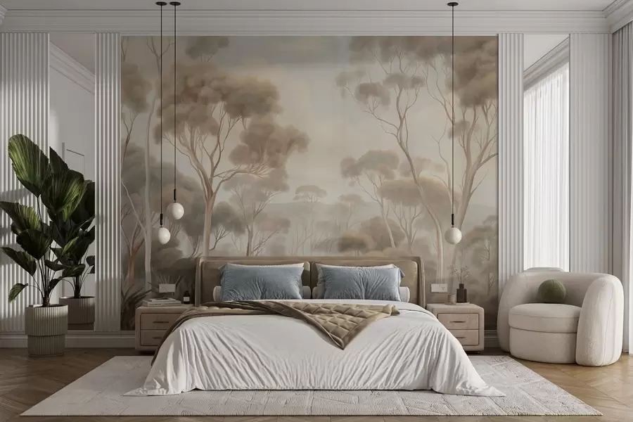 Fototapetai Rūko apgaubtas miško peizažas su aukštais eukaliptų medžiais, banguotos kalvos po debesuotu dangumi, tekstūrinis meno kūrinys w09822