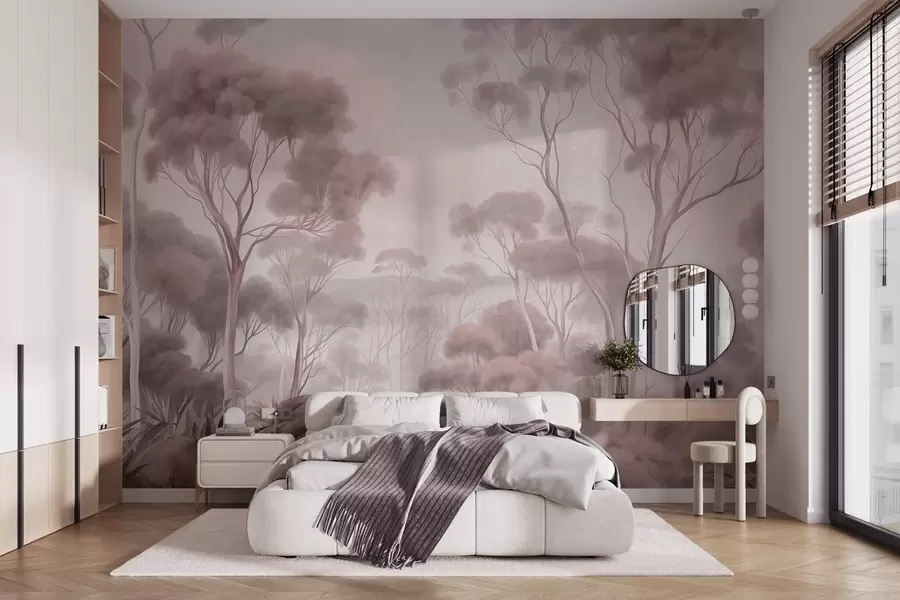 Fototapetai Rūko apgaubtas miško peizažas su aukštais eukaliptų medžiais, banguotos kalvos po debesuotu dangumi, tekstūrinis meno kūrinys w09822v1