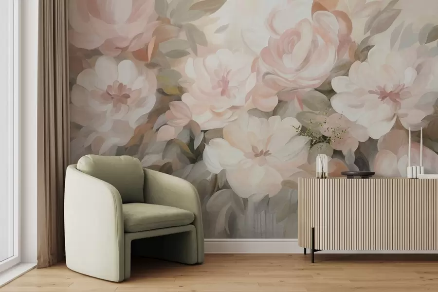 Fototapetai Šviesiai rožiniai ir balti žiedai su žaliais lapais, tapybinis stilius, impresionistinis stilius, tekstūrinis menas w09824