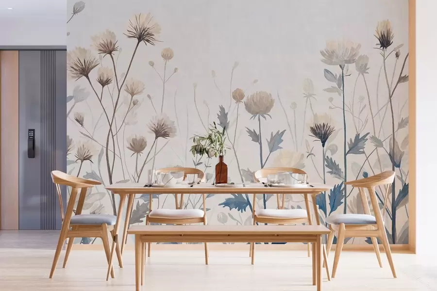 Fototapetai Laukinės pievų žolės ir gėlės, nutapytos vaizdingu stiliumi prieš šviesų foną w05563