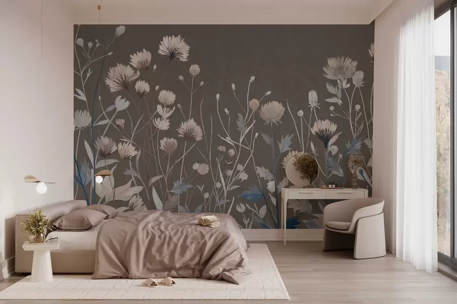 Fototapetai Laukinės pievų žolės ir gėlės, pavaizduotos tapybiniu stiliumi ant pilkai rudo fono w05563v2