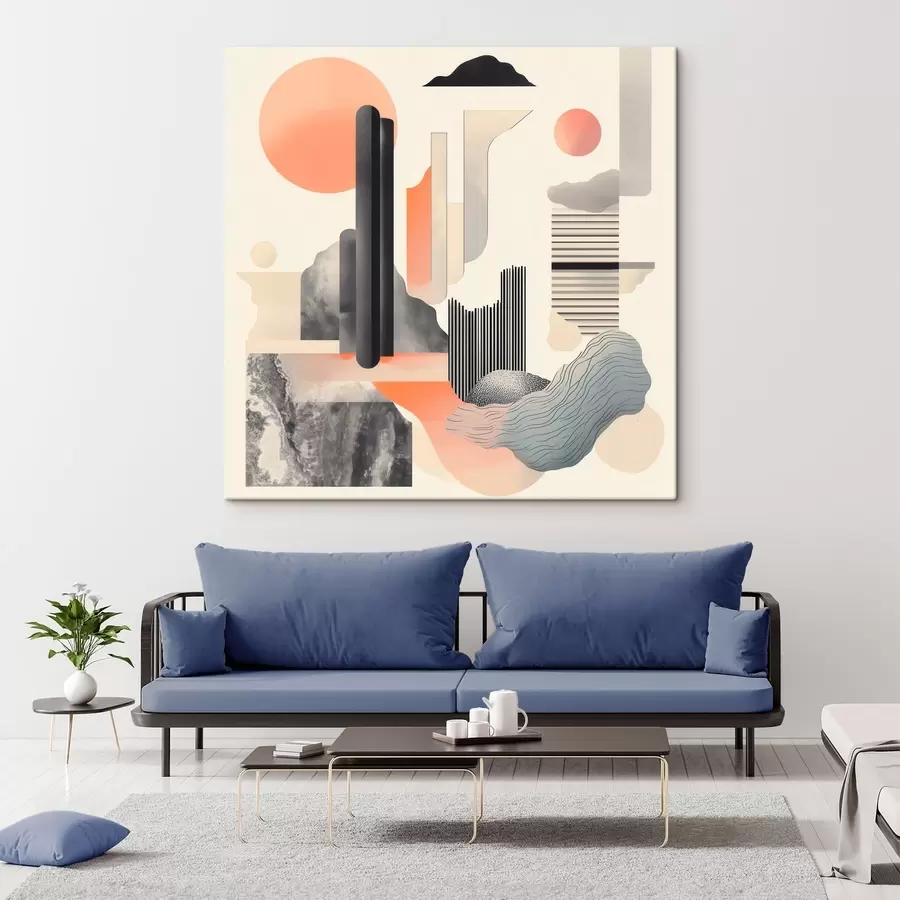 Paveikslėlis Geometrinė kompozicija persikų ir pilkos spalvų paletėje, atlikta šiuolaikiniu tapybos stiliumi s48841