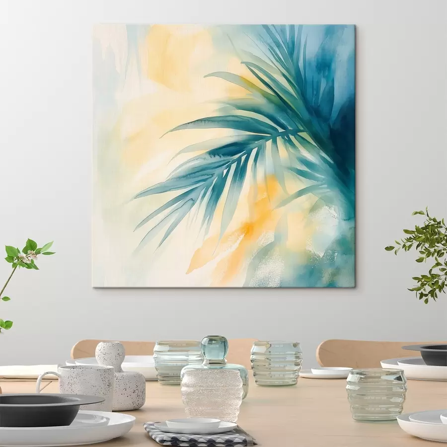 Paveikslėlis Tropinių palmių lapai mėlynos ir turkio spalvų paletėje šiltų akvarelės dėmių fone s48849