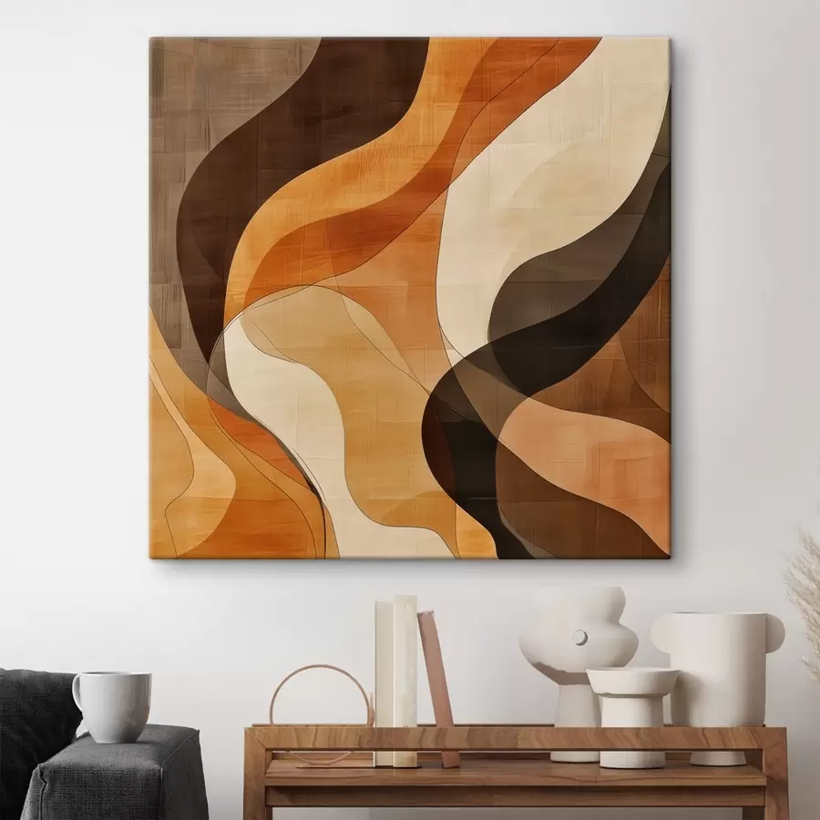 Paveikslėlis Abstrakti kompozicija su dinamiškomis banguotomis linijomis terakotos rudos spalvų paletėje s48851