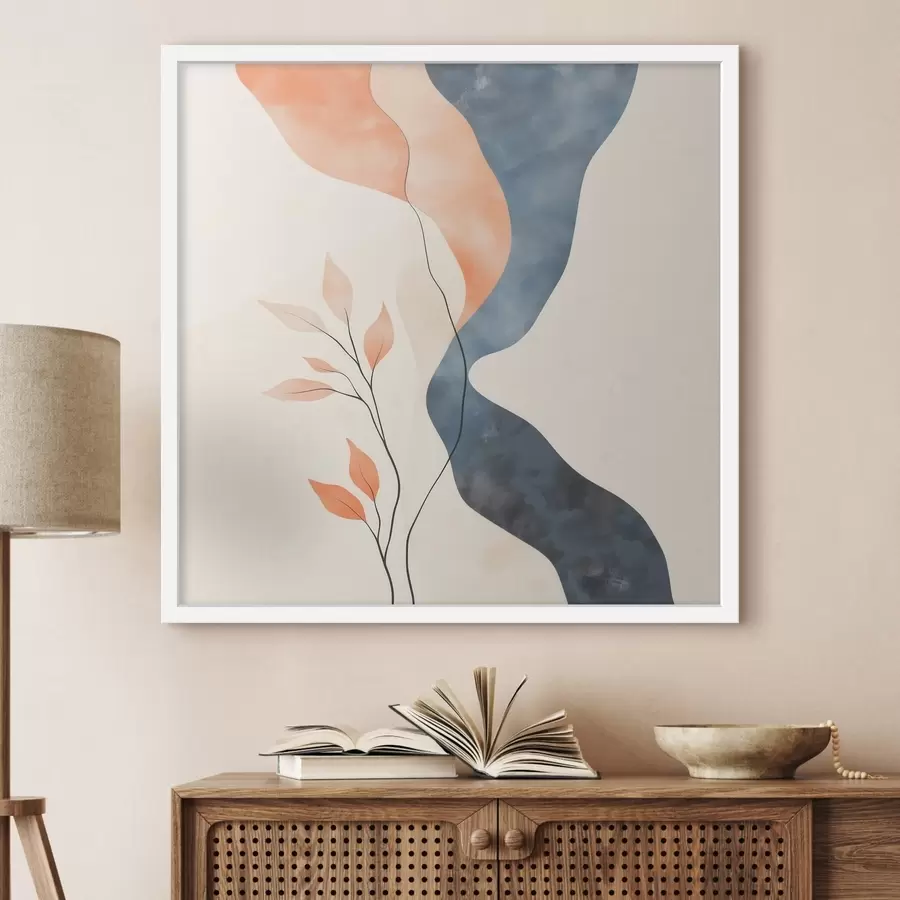 Fototapetai Gėlių kompozicija su banguotomis linijomis mėlynos ir oranžinės spalvų paletėje f48837