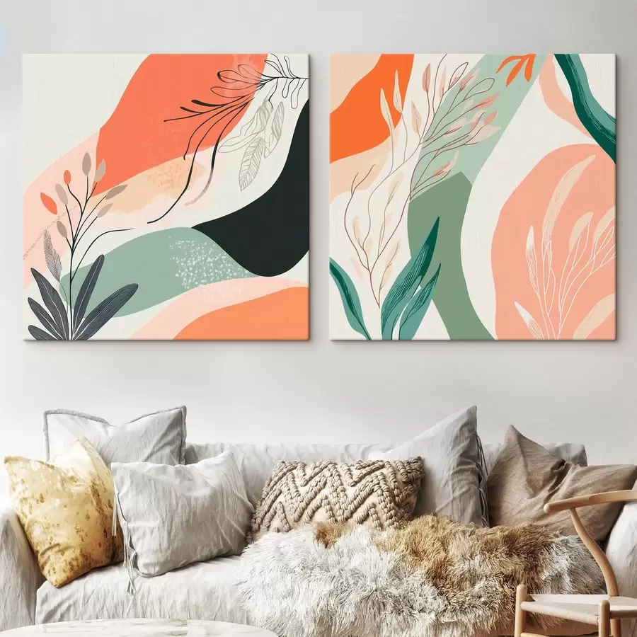 Paveikslėlis Abstraktus diptikas su augalų motyvais ir spalvotomis dėmėmis, sukurtas moderniu stiliumi m30347