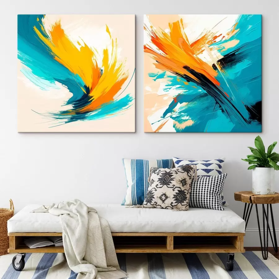 Paveikslėlis Dinamiški teptuko potėpiai turkio ir oranžinės spalvų paletėje, šiuolaikinio meno stiliumi m30354