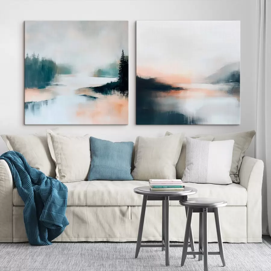 Paveikslėlis Rūko apgaubtas peizažas su spygliuočiais ir ežeru, nutapytas šiuolaikiniu stiliumi m30357