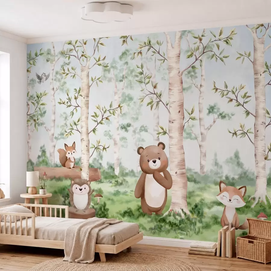 Fototapetai Vaikiška miško iliustracija, kurioje pavaizduoti lokys, lapė ir ežys w05532
