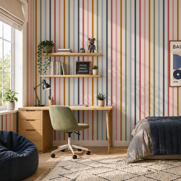 Užsklandos Ryškios įvairiaspalvės juostos ant šviesaus fono, Tapetai geometrija, Tapetai dryžiai, a01184 : Uwalls.lt