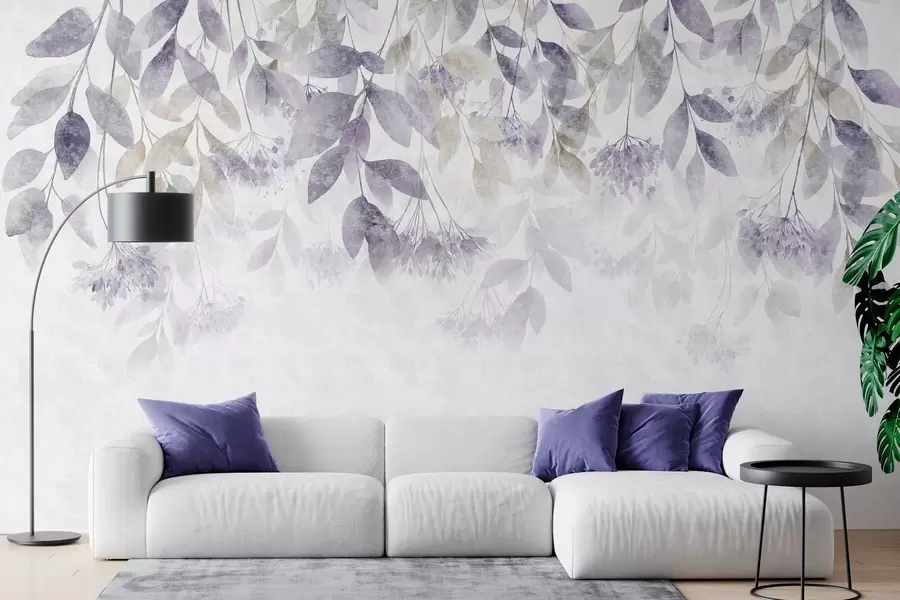 Fototapetai tekstūruoti, kaskados formos lapai su violetinės ir smėlio spalvos atspalvių žiedais w05565v3