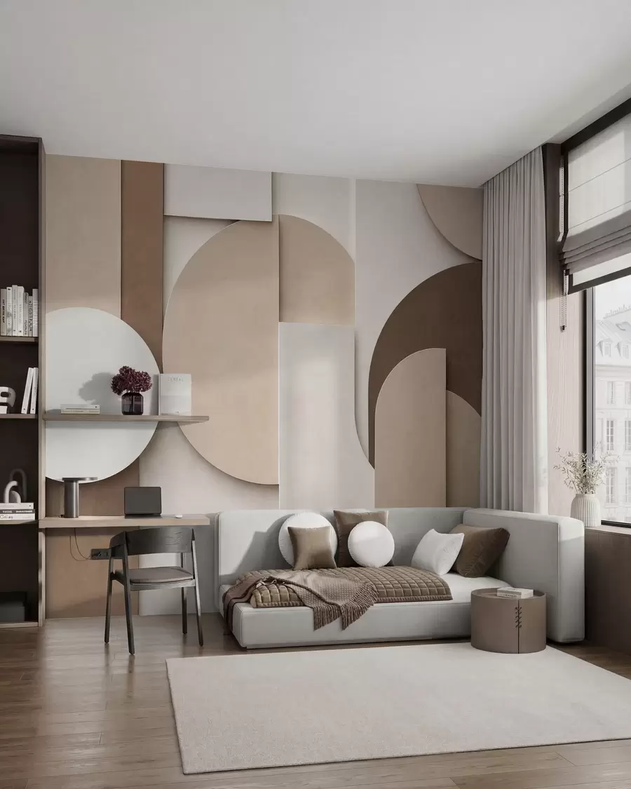Fototapetai Tekstūruotos smėlio spalvos geometrinės figūros, sudarančios daugiasluoksnę 3D kompoziciją – minimalistinis šiuolaikinis sienų dekoras w05598