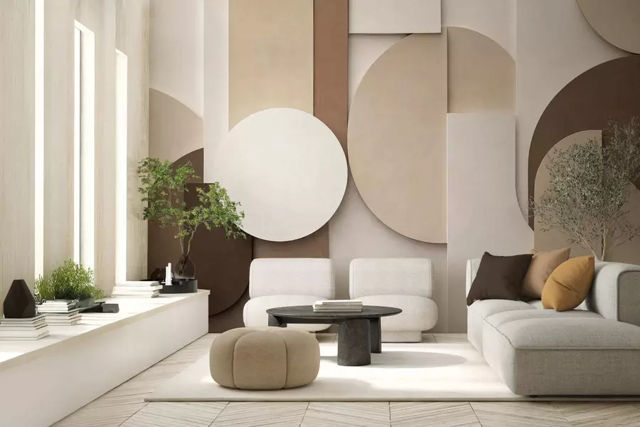 Fototapetai Tekstūruotos smėlio spalvos geometrinės figūros, sudarančios daugiasluoksnę 3D kompoziciją – minimalistinis šiuolaikinis sienų dekoras w05598