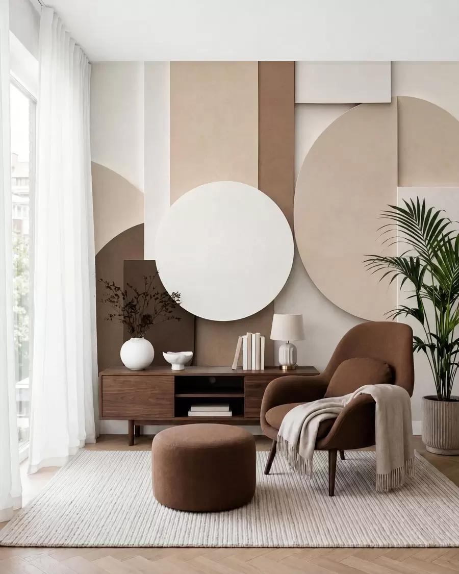 Fototapetai Tekstūruotos smėlio spalvos geometrinės figūros, sudarančios daugiasluoksnę 3D kompoziciją – minimalistinis šiuolaikinis sienų dekoras w05598